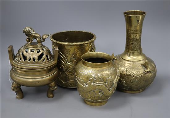 Four 19th / 20th century Chinese bronze vessels including a censer and cover two vases and a brushpot